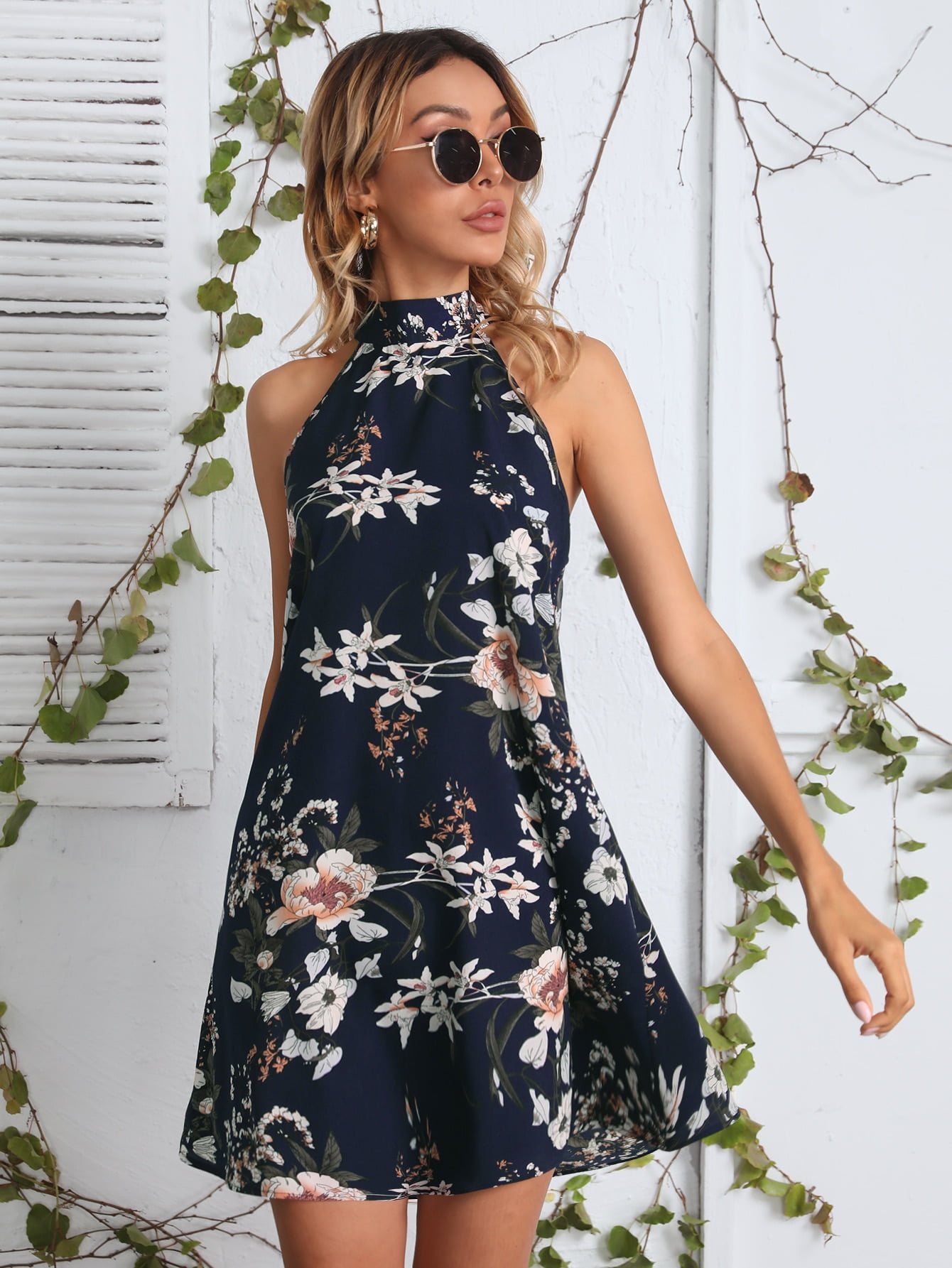 S, Black Womens Strap Halter A-Line Dress|Sexy V-Neck Front-Twist Hollow Mini Dress|Summer Floral Print Dress