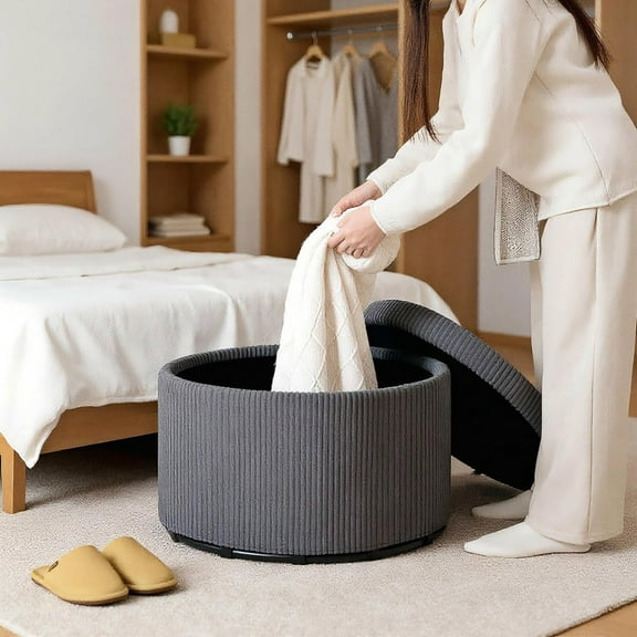 Resenkos 24" Round Corduroy Upholstered Storage Ottoman Stool - With Lid, Foot Rest for Living Room/Bedroom, Gray