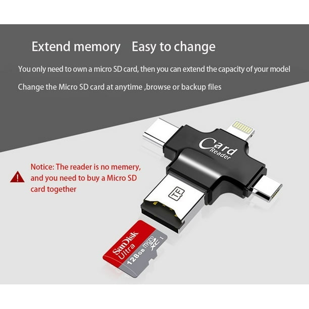 Lecteur de carte MicroSD 4 en 1 pour iPhone/Android/tablette/PC