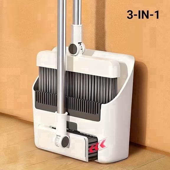 Jiasling 3 in 1 Broom and Dustpan Set with Floor Brush Foldable Household Cleaning Tool Set, White