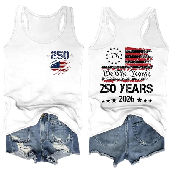Sewkxo 4th of July Independence Day Tanks Tops Women 250 Anniversary USA Patriotic Crew Neck American Flag Print Tank Top,White S