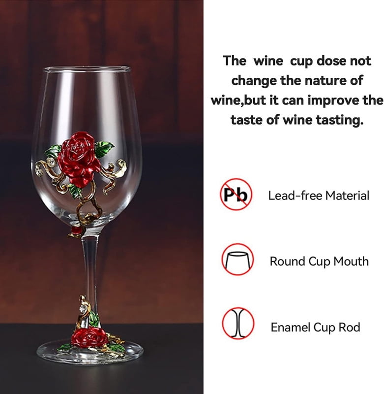 AJONALAA Handmade Painted Enamel Flower Glass Wine Glasses,Transparent Drinking Glasses Set of 2,Gift Box(Red Rose)