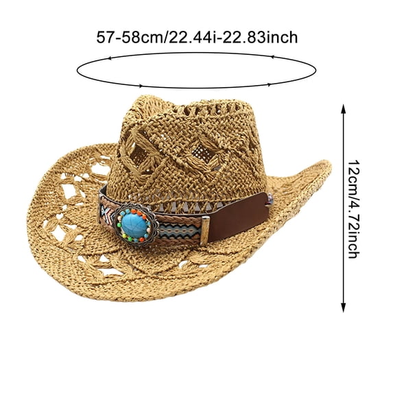 Uvwlwu Women Shapeable Hollowed Straw Cowboy Sun Hat Decorative Beaded Band Breathable Lightweight Hat for Summer Beach Outdoor,17Beige,One Size