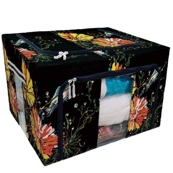 EREHome A bird sitting flower black Storage Bag Clear Window Storage Bins Boxes Large Capacity Foldable Stackable Organizer With Steel Metal Frame For Bedding,Clothes,Closets, Bedrooms