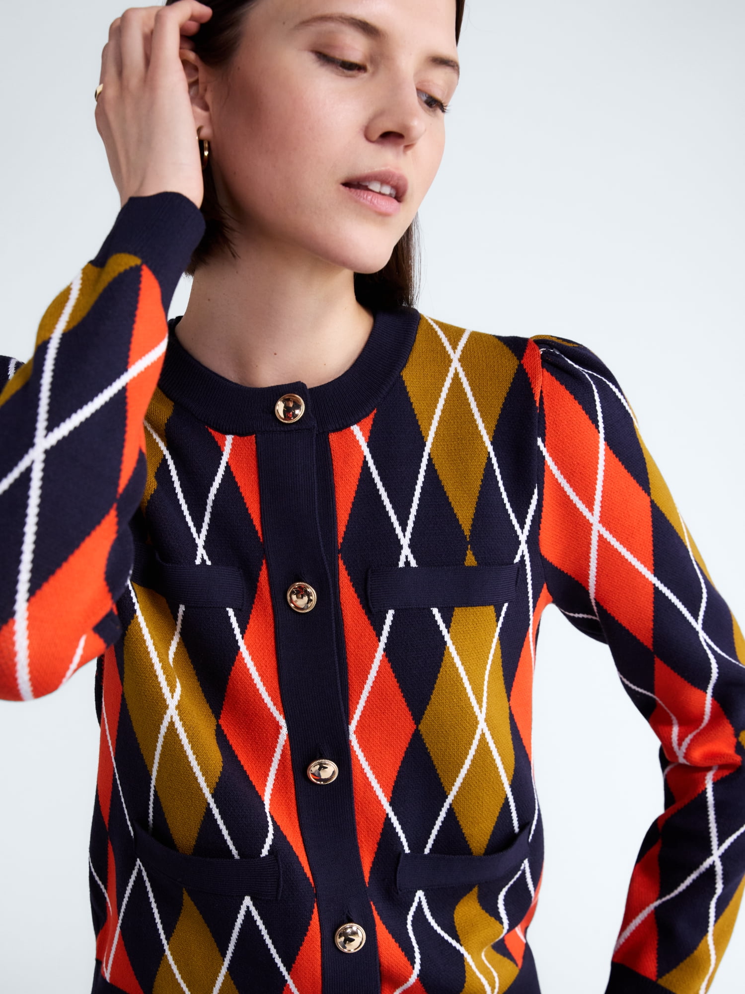 Free Assembly Women's and Women's Plus Argyle Cardigan Sweater with Puff Sleeves, Midweight, Sizes XS-4X