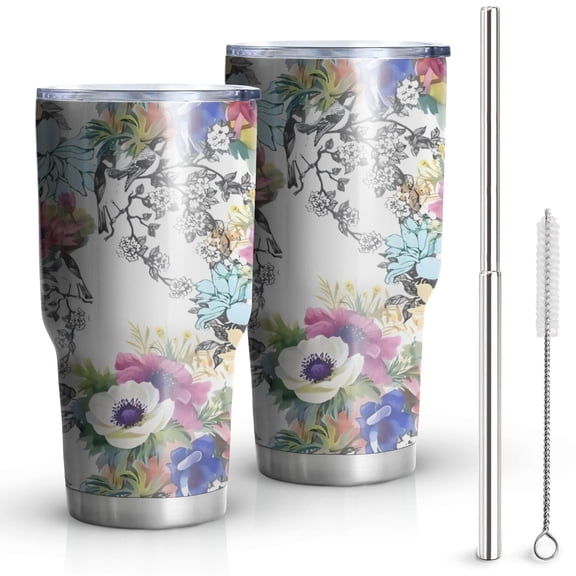 30oz Pioneer Flower Floral Print Pattern Tumblers Stainless Steel Tumbler with Lid and Straw,Vacuum Insulated Double Wall Travel Tumbler Cups Mug with Cleaning Brush for Coffee,Tea