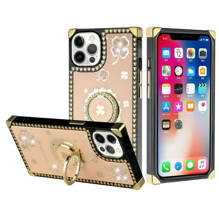 LXXZBC for iPhone Xs Max Case,Luxury Square for Women Girls Box Design  Glitter Bling Cute Gold Flowers Soft Trunk Cover with Finger Ring Grip