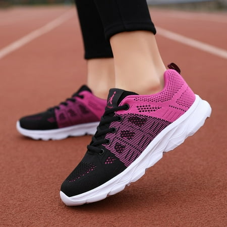 

YTJX Ladies Shoes Color Matching Fashion Mesh Breathable Lace-up Flat Heel Casual Sneakers