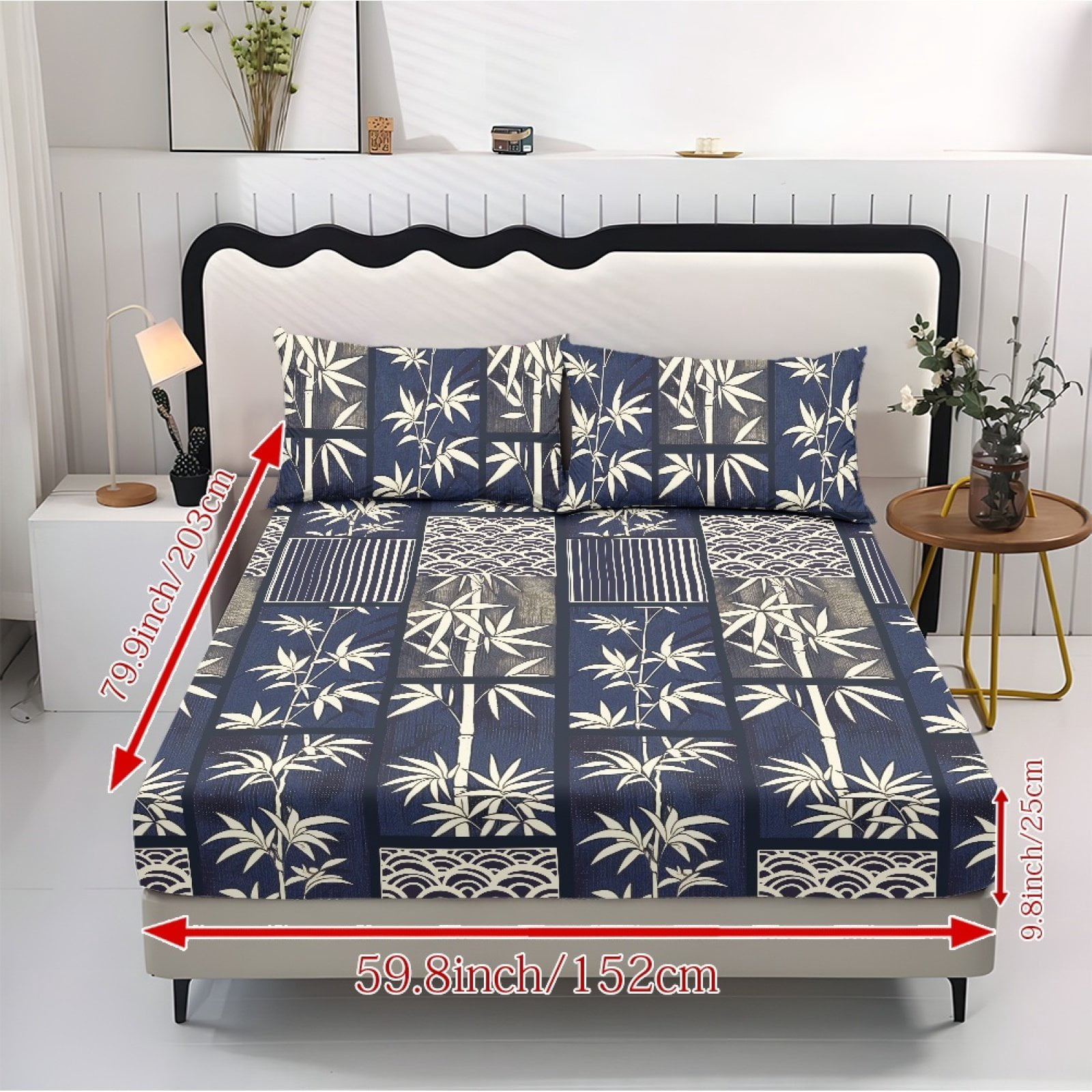 COEQINE Queen Sheets 3 Pieces Bed Sheets Set, Soft Fade Resistant Easy Care Bedding Set All Season Wrinkle Free Bottom Bedsheet for Queen Size Bed, Retro Wave Bamboo Leaf Print