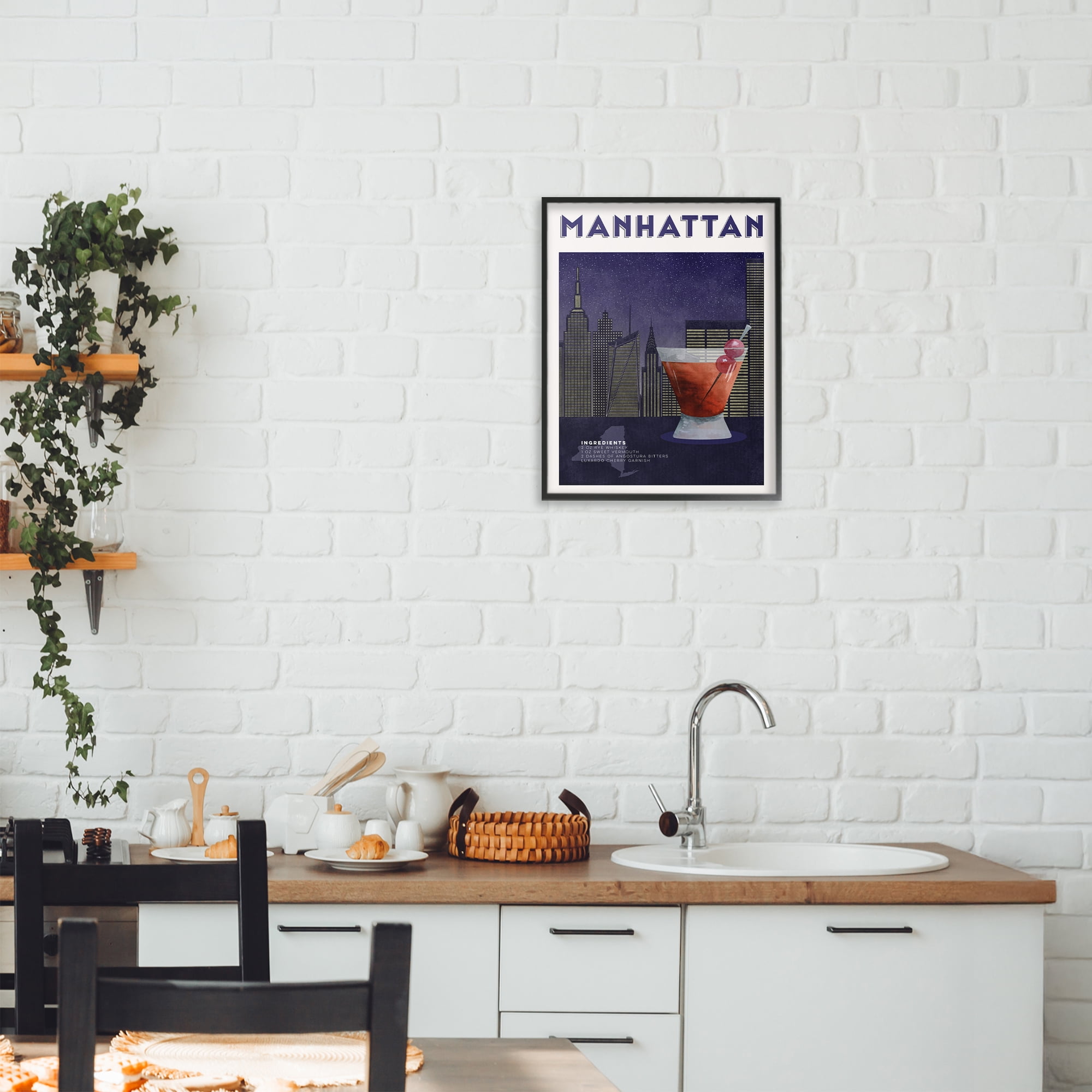 Retro Manhattan Cocktail Cityscape Black Framed Giclee Art, design by Brett Blumenthal