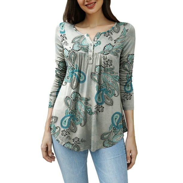 FOLUNSI Womens Plus Size Tunic Tops Long Sleeve Casual Floral Henley
