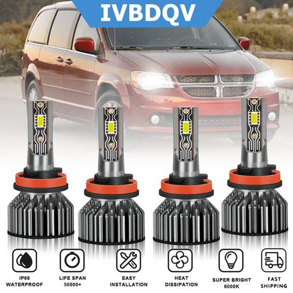 For Dodge Grand Caravan 2011-2020 LED Headlights Combo H11 H11 High Low Beam Conversion Kit 4Pcs; 6000K 10000LM Bright White