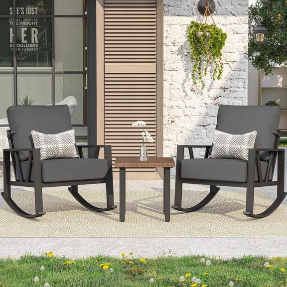 COMLAX FIELD Outdoor Rocking Chairs Set, 3-Piece Patio Furniture Set with Thick Cushions, Outdoor Conversation Bistro Set