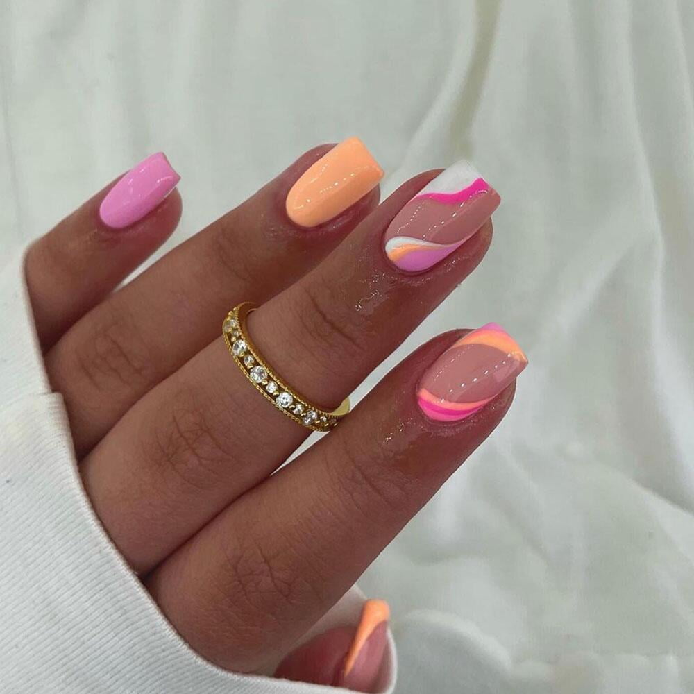 Short Square Press on Nails,KXAMELIE Glossy Glue on Nails Press on,Made by Gel with Colorful