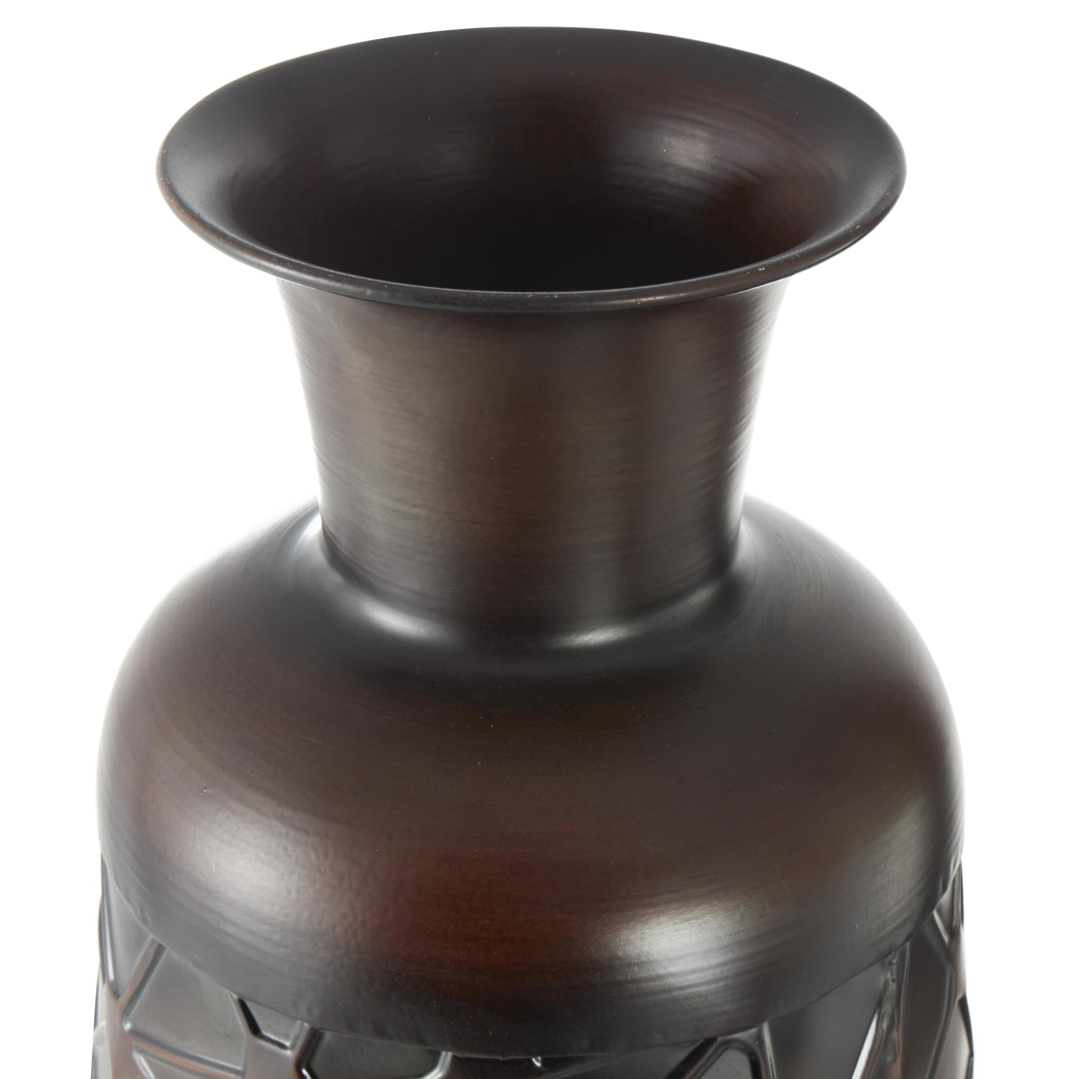 DecMode 53", 43", 32"H Tall Teardrop Shaped Dark Brown Metal Vase with Brown Trumpet Tops, Set of 3