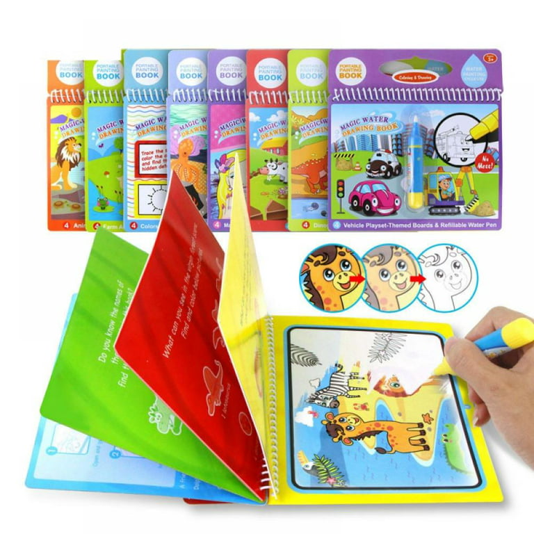 Water Drawing Books, Mess-Free Coloring Books for Toddlers, Water Doodle Painting Board with Pen, Educational Birthday Gift Toys for Kids Girls Boys