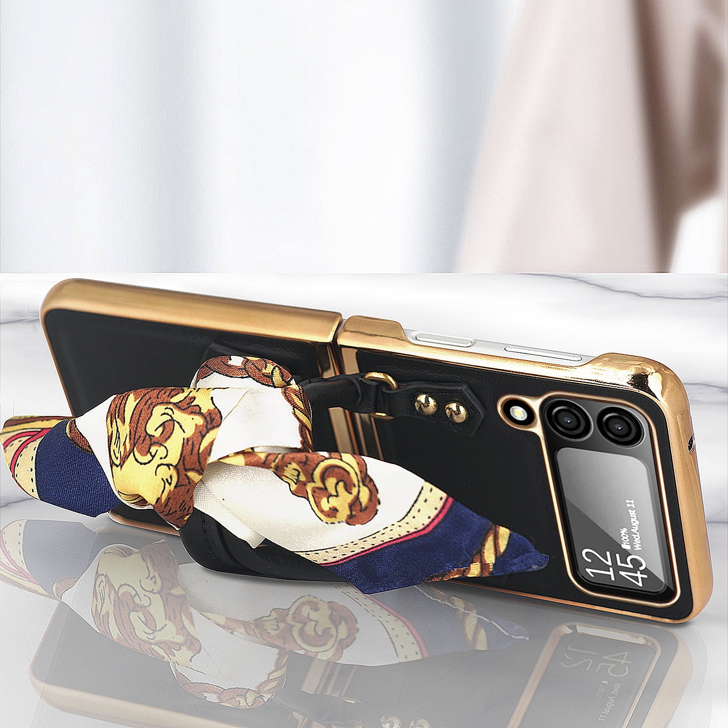 Elegant classic leather folding phone case for Samsung Galaxy Z Flip 4 with silk scarf portable hand holder plating back cover