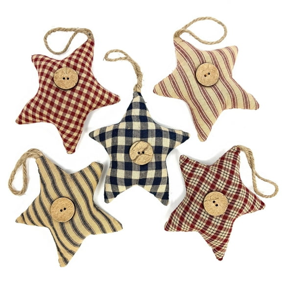 Homespun Plaid Striped Fabric Rustic Primitive Star Christmas Ornaments - Set of 5 by JCS