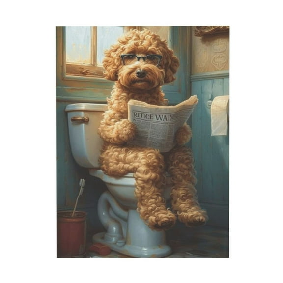 WFSposter Funny Bathroom Wall Art Toilet Reading Newspaper Humor Animal Poster Canvas Print For Dog Lovers Restroom ideas Decor