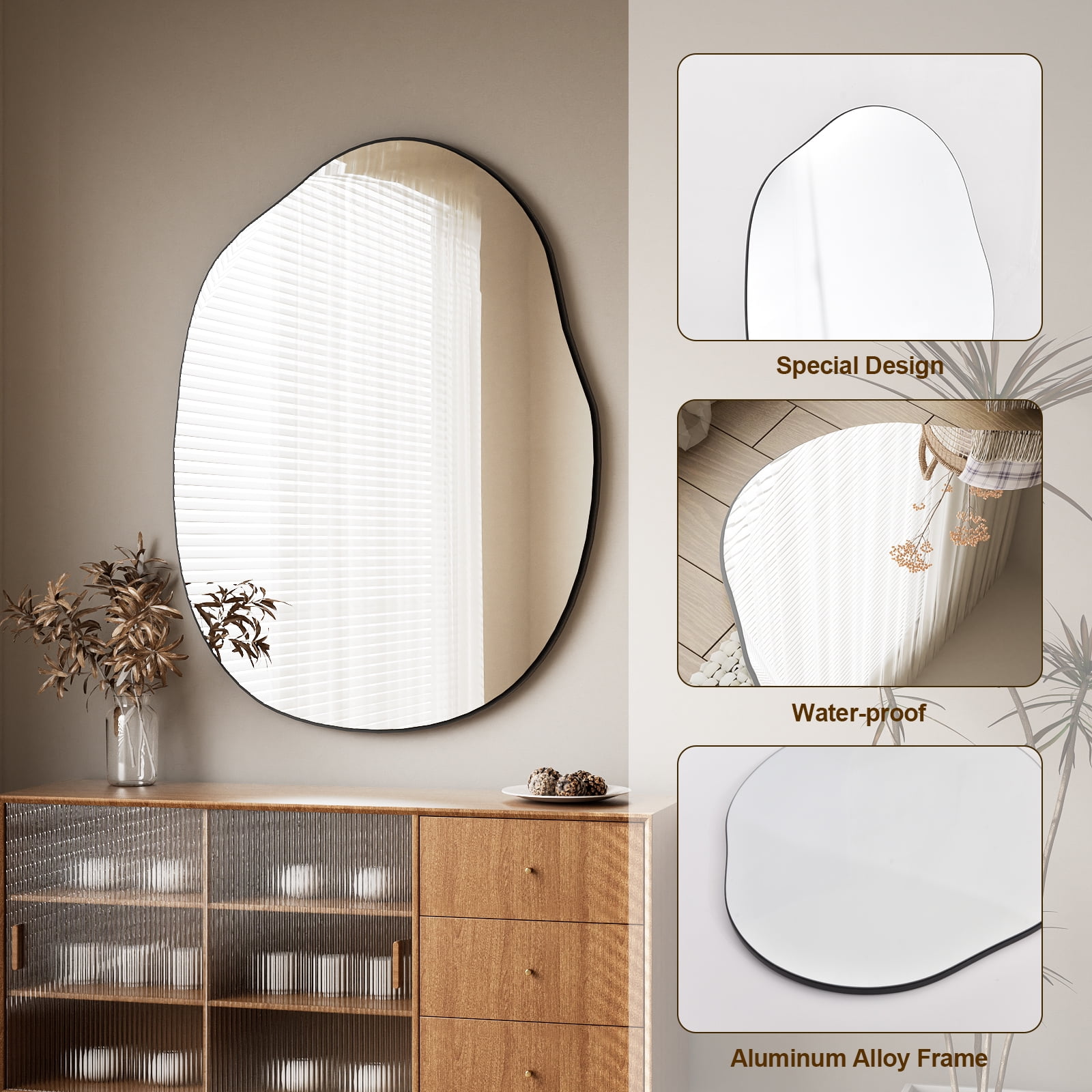 BEAUTYPEAK 24" x 32" Vanity Mirror Wall Wavy Mirror Bathroom Mirror Decor , Black