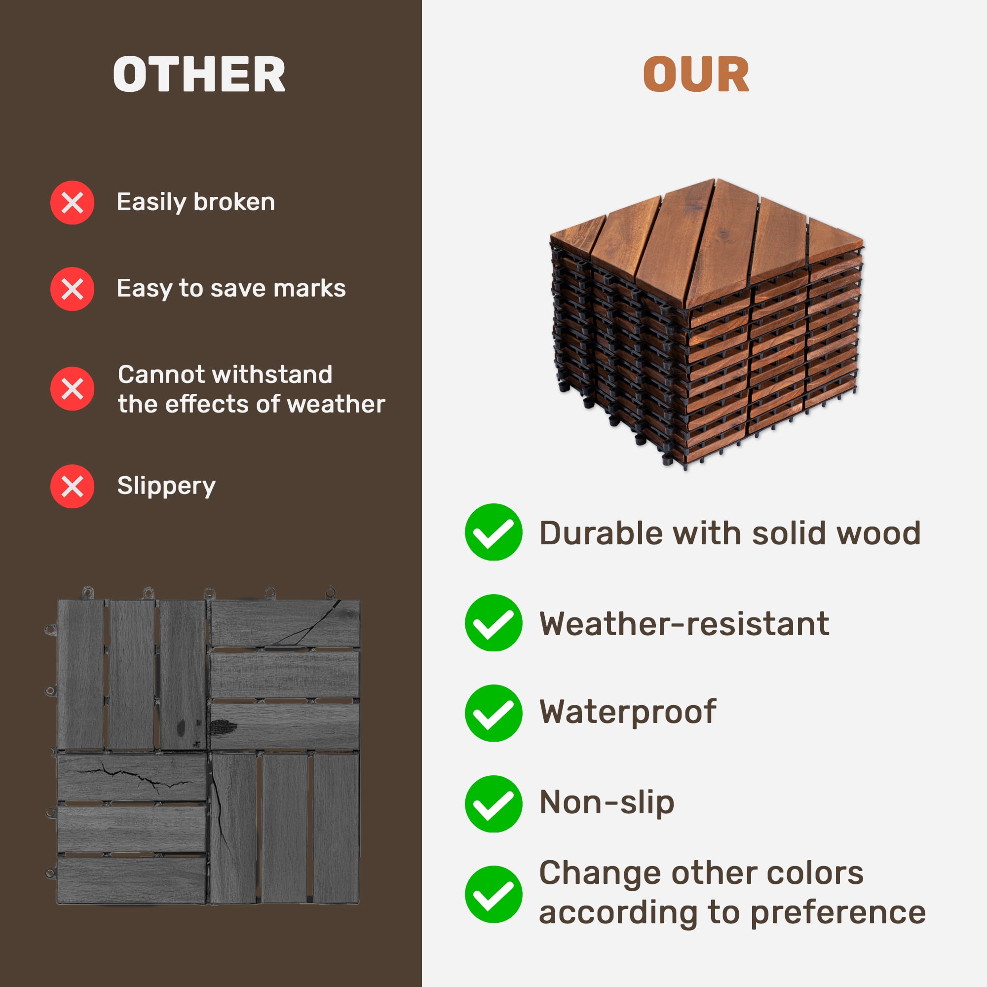10‑Pack Diagonal Pattern Interlocking Acacia Wood Deck Tiles, 12”×12” Waterproof All‑Weather Outdoor Flooring Tiles for Patio Garden Pool Balcony Porch