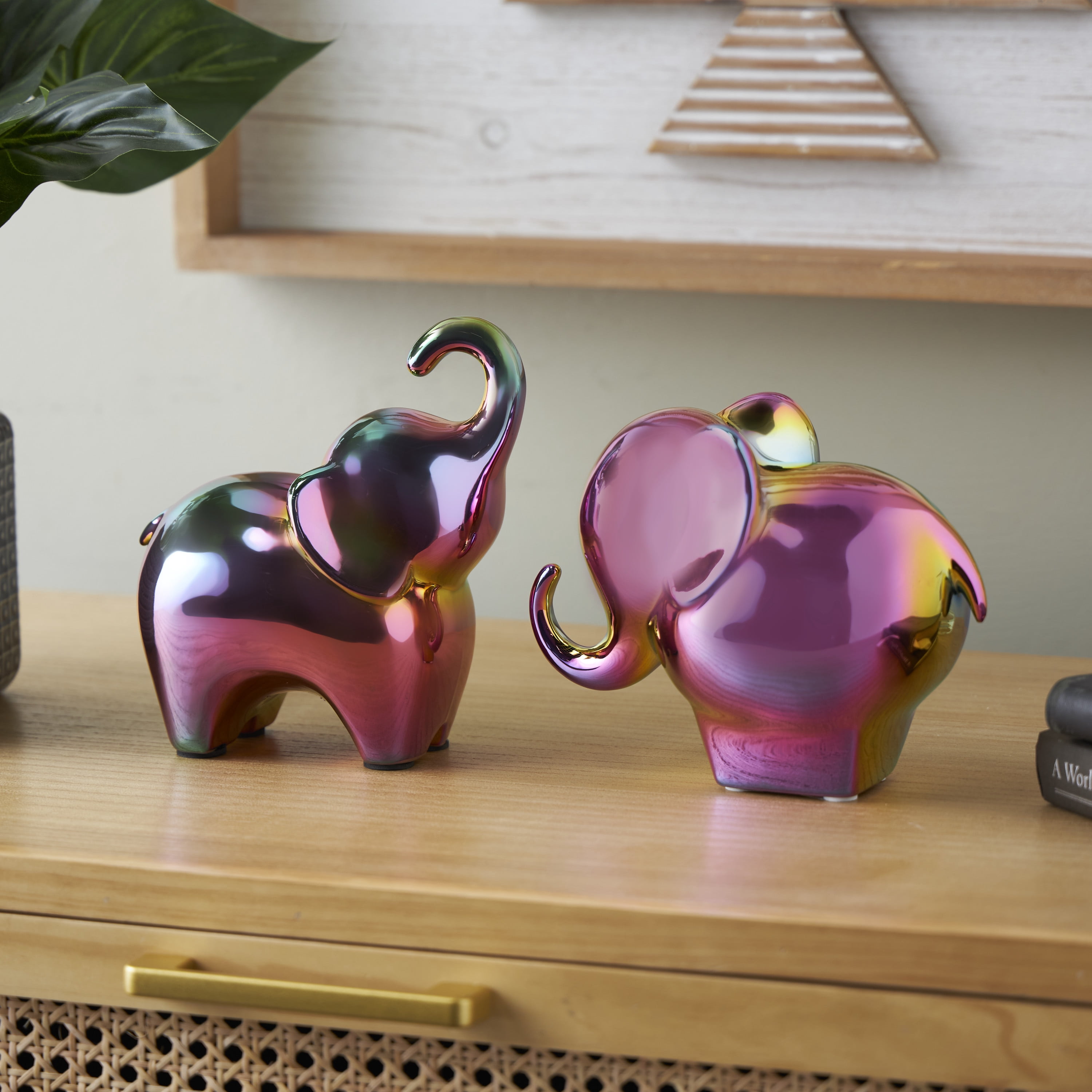 6", 7"H Multi Colored Ceramic Elephant Sculpture with Rainbow Shimmer Finish, by DecMode (2 Count)