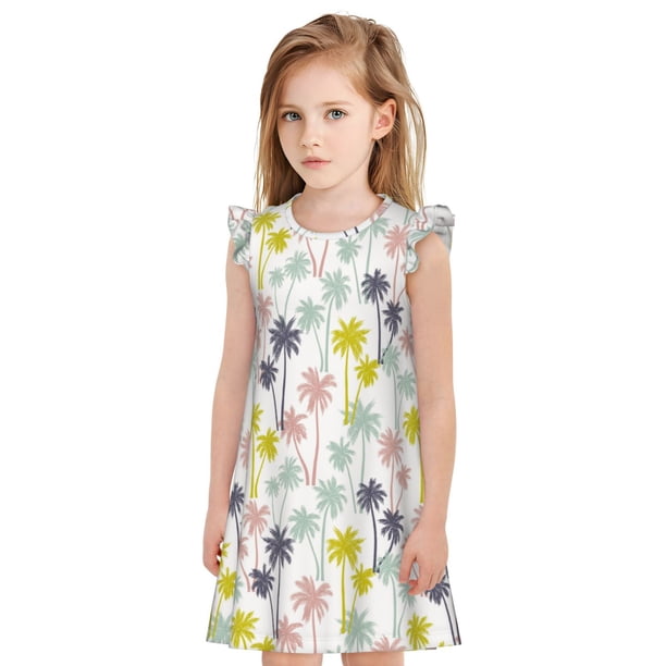 Balery Hawaiian Coconut Tree Camisón de princesa para niñas, pijama de algodón con mangas abullonadas, suave y bonito.-Medium