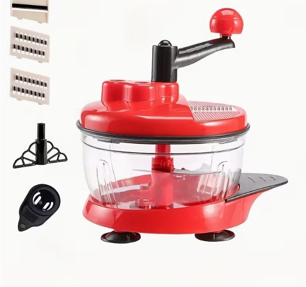 Multi-Functional Manual Food Processor - Vegetable Chopper, Garlic Press, Hand Crank Mixer with Transparent Container for Vegetables, Meat, Fruits, Nuts, Herbs, and Green Onions (Includes Base)