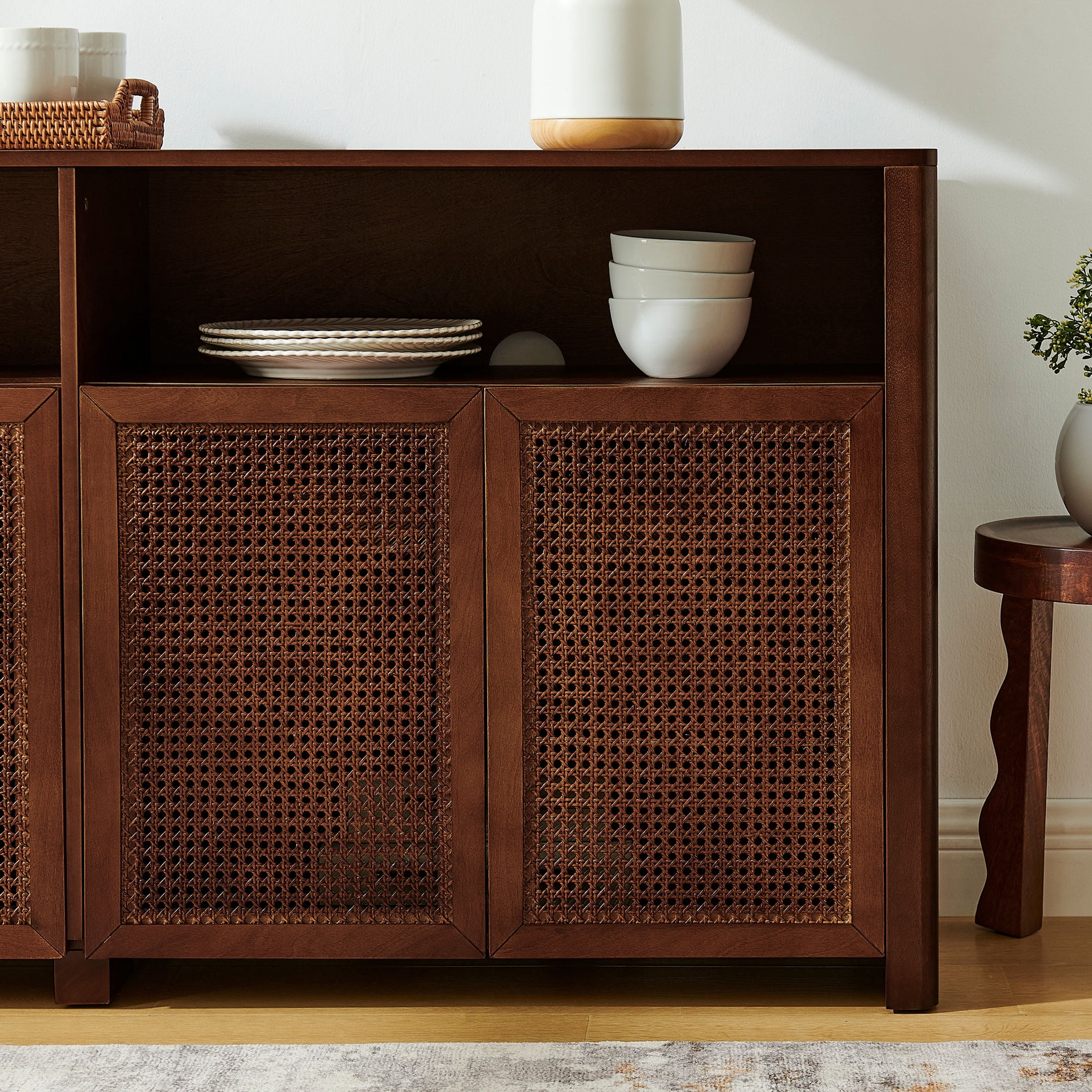GDF Studio 63" Mid Century Modern Rattan Sideboard Buffet Cabinet with 4 Doors, Adjustable Shelves, Walnut