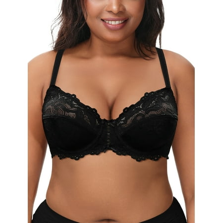 Deyllo Women s Push up Lace Bra Unlined Plus Size Wired Support Unpadded See-Though Bra  Black 44DDD