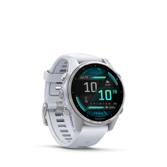 Garmin fēnix 8 AMOLED Smartwatch 43mm - GPS, Compass, Gyroscope and Barometric Altimeter | Silver with Whitestone Silicone Band