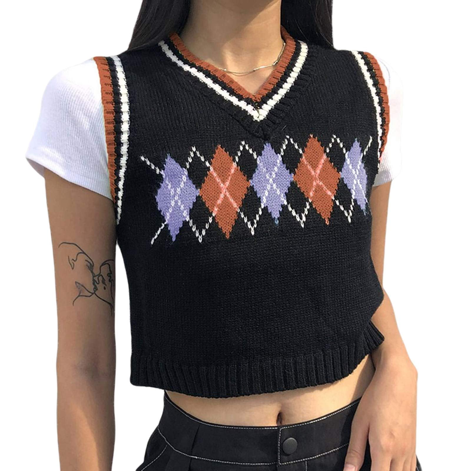 Hirigin Women V Neck Sleeveless Argyle Sweater Knit Vest Slim Fit ...