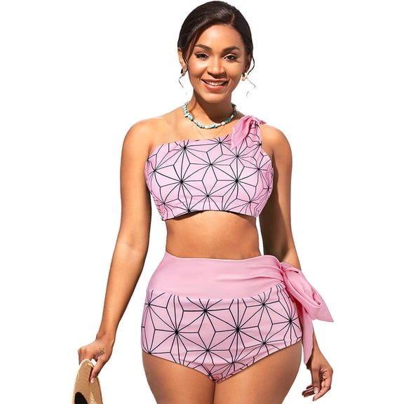 Ladies Printed Swimsuit Bikini Two-Piece Slant Shoulder Strap Swimsuit for Women