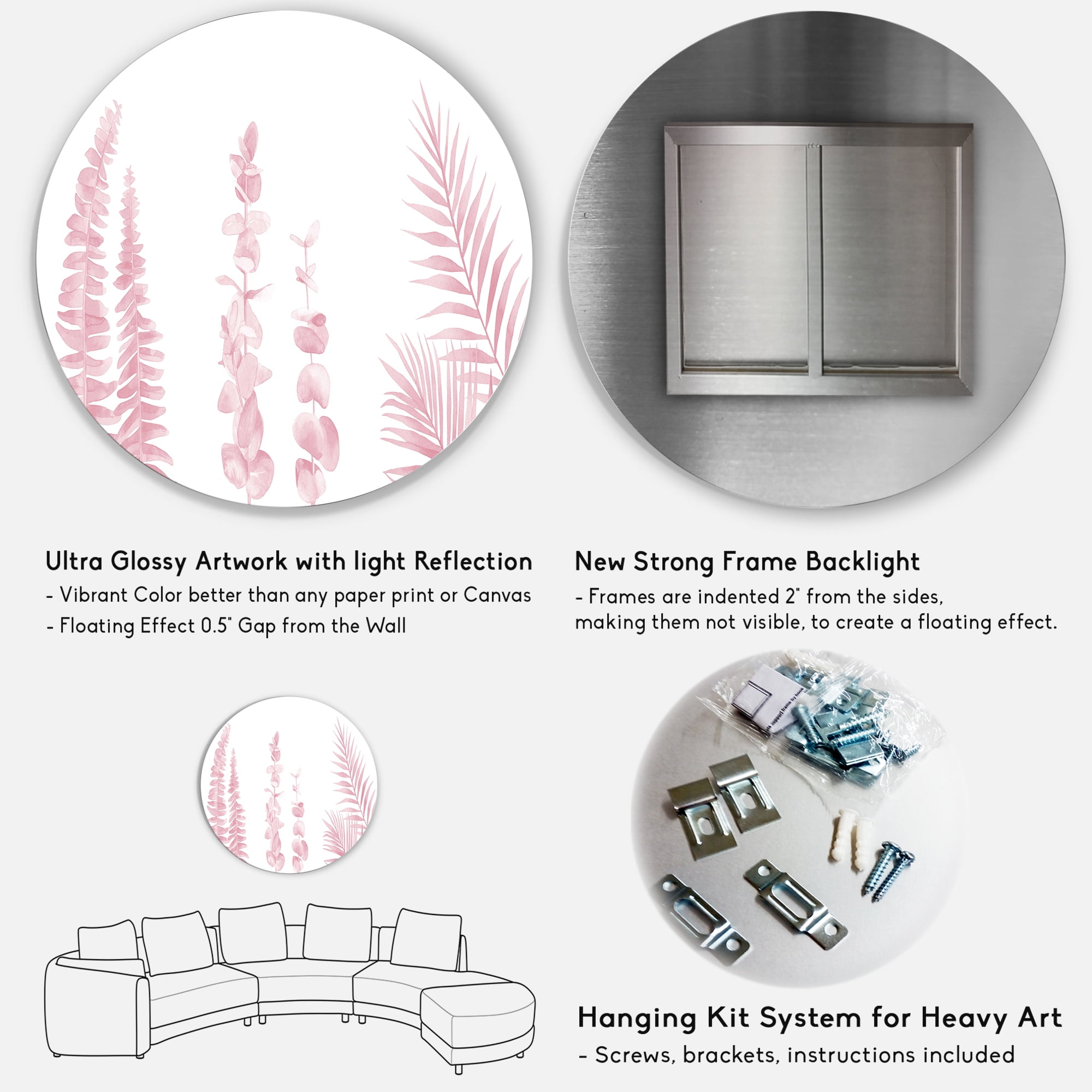 Designart 'Palm Branches and Blush Pinkeucalyptus' Shabby Chic Circle Metal Wall Art 23x23 - Disc of 23