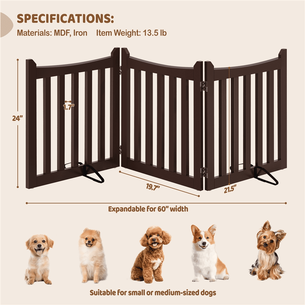 Alden Design 24" Tall Freestanding Wooden Pet Gate with Two Support Feet, Espresso