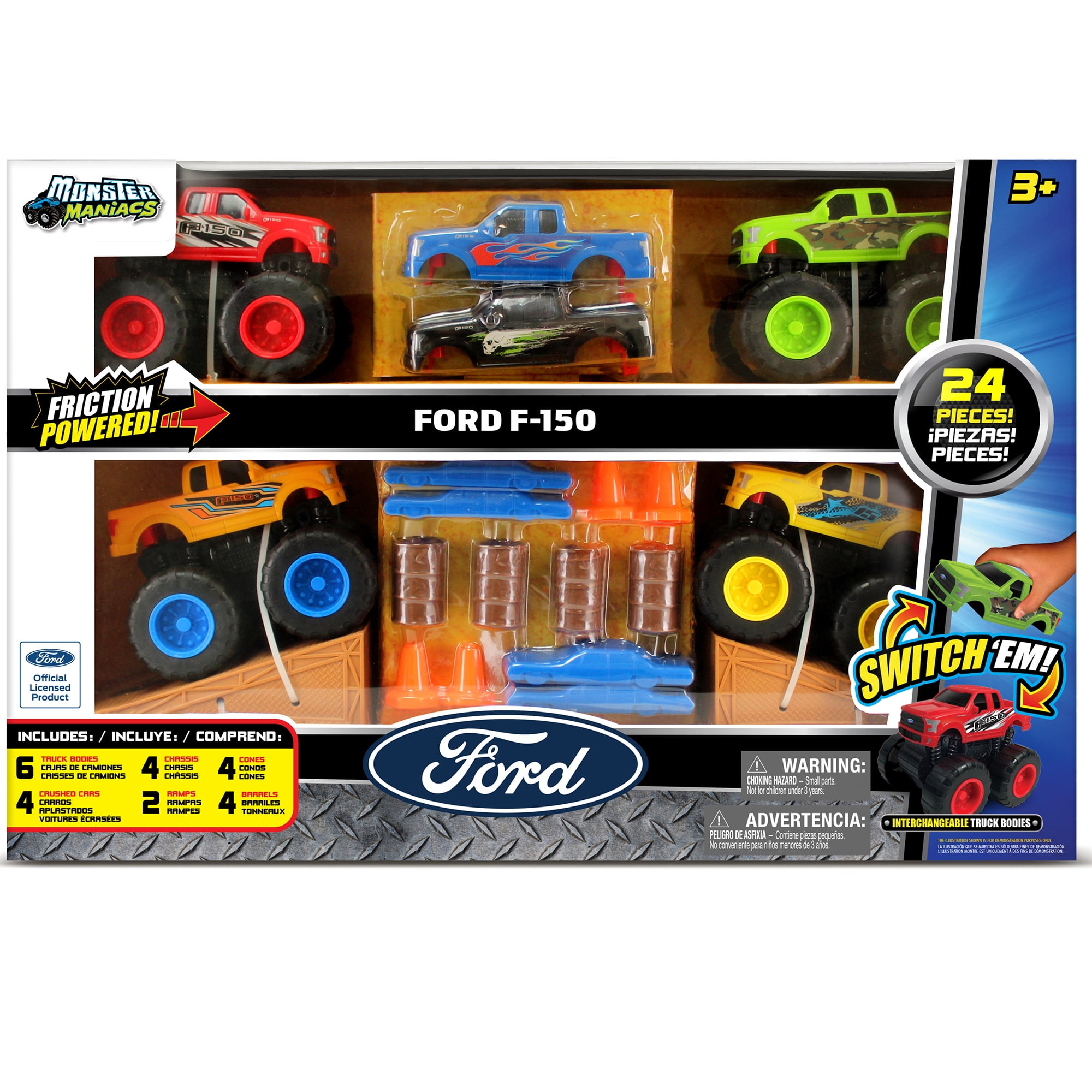 Monster Maniacs Ford Switch 'Ems 24 Piece Vehicle Gift Set, Friction Powered Vehicle Set with 4 Truck Chasis, 6 Truck Bodies Plus Accessories, Children Ages 3 Years and Up
