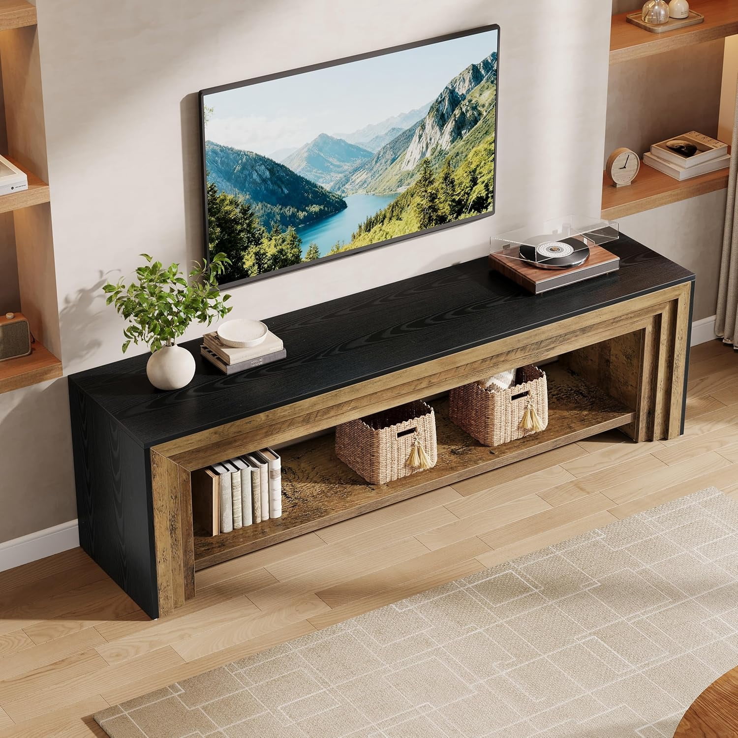 Tribesigns 70" TV Stand for 65/75/80-Inch TVs, Farmhouse Long Entertainment Center with Open Storage Shelves, Bedroom, Rustic Brown & Black
