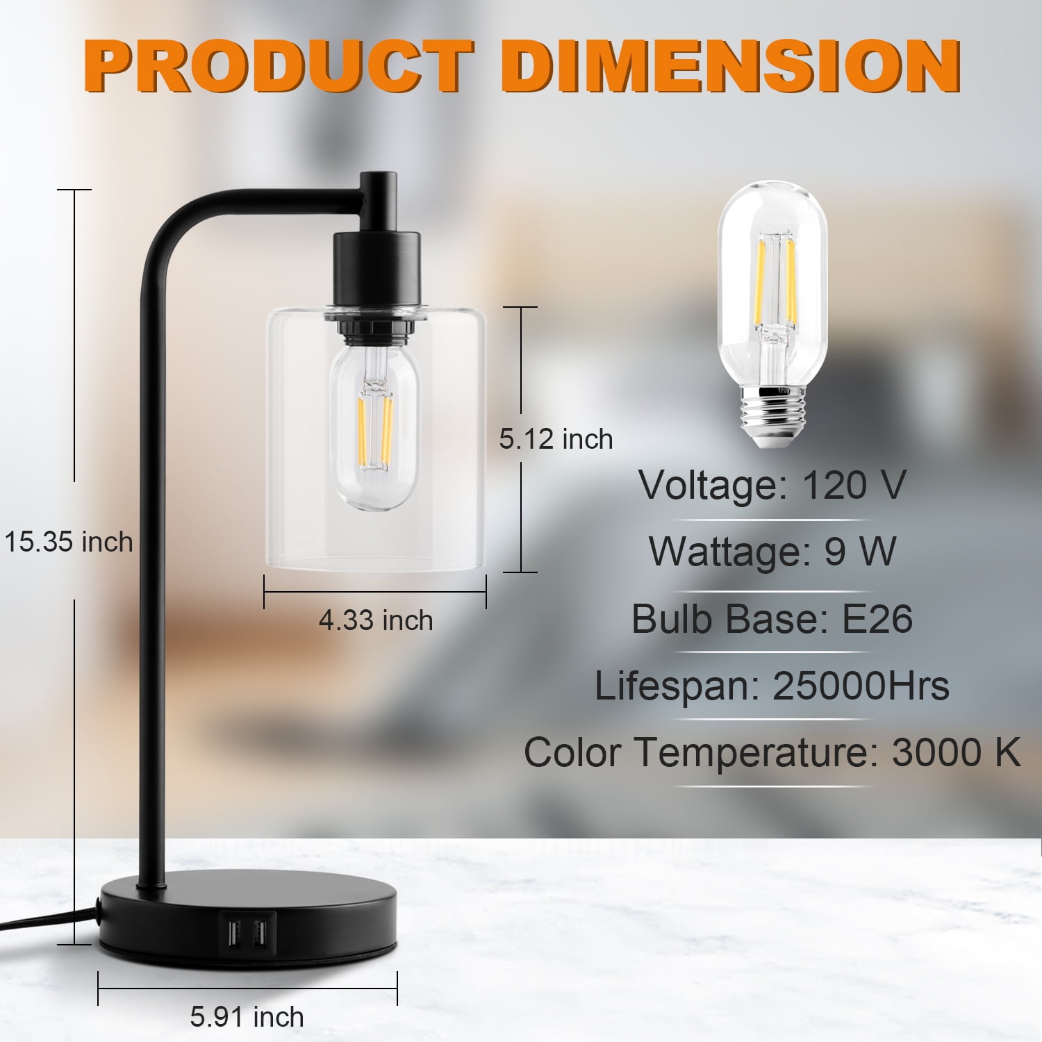 Walchoice Table Lamp Set of 2, Touch Control Desk Lamp with 2 USB Charging Ports, 3-Way Dimmable Nightstand Lamps with Glass Shade for Bedroom Living Room