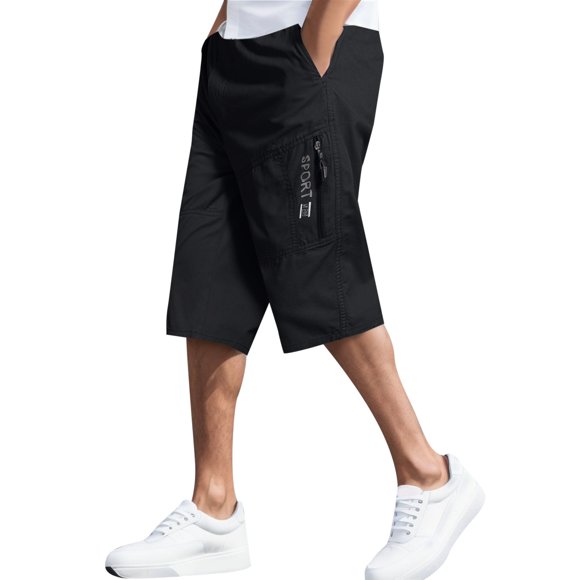 Mens Fashion Simple Solid Color Elastic Waist Overalls Cotton Casual Pants Shorts