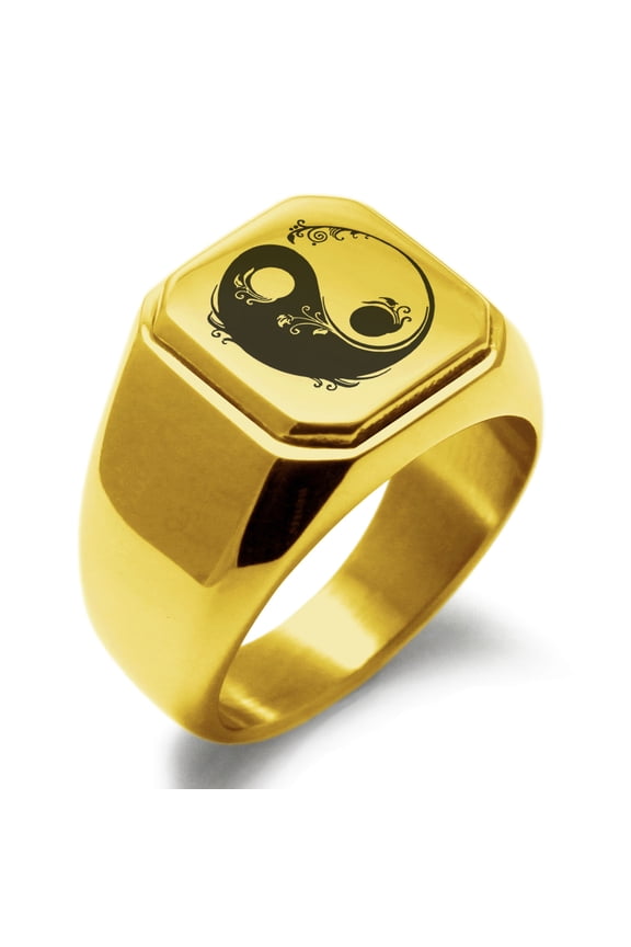 Stainless Steel Floral Yin Yang Engraved Square Flat Top Biker Style Polished Signet Ring