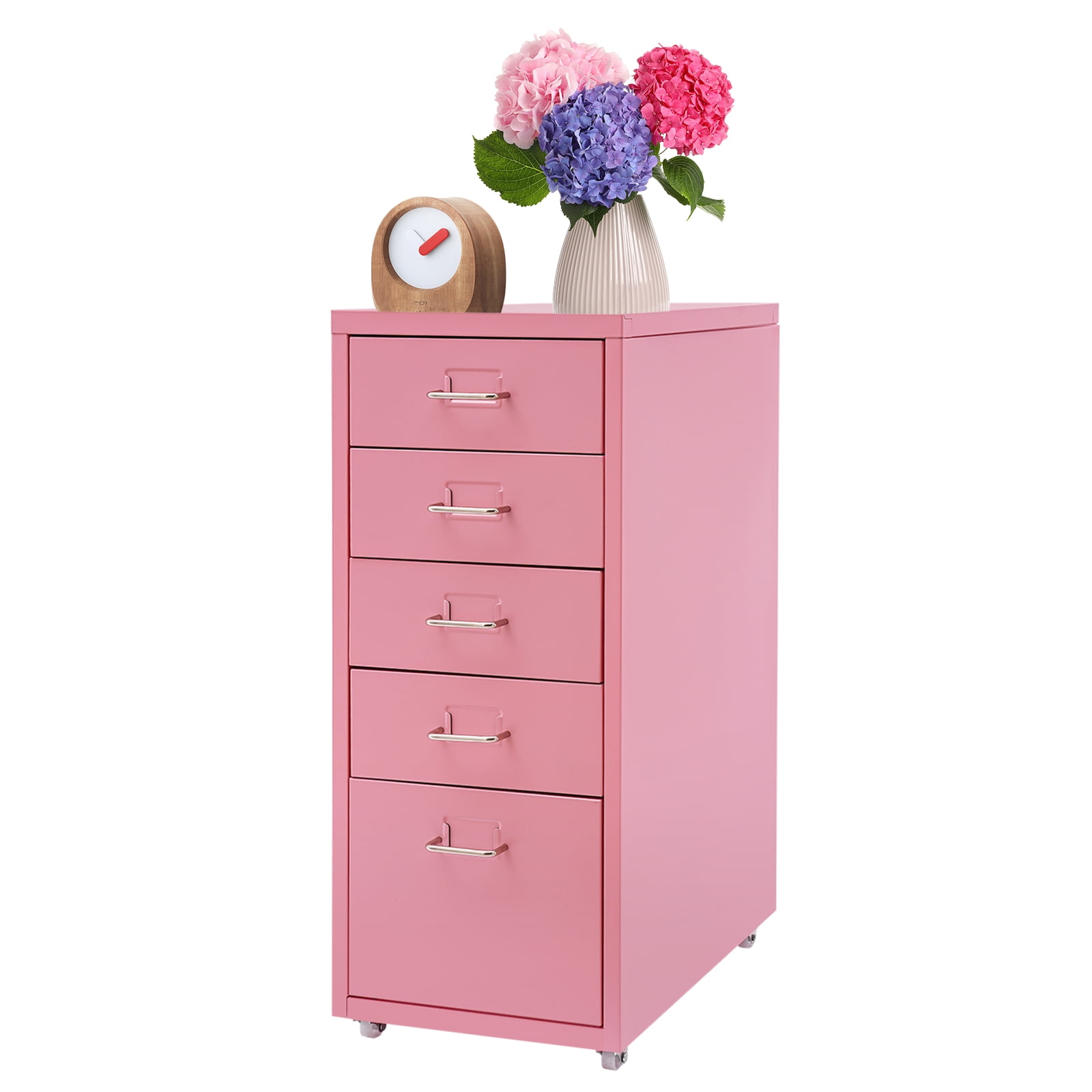 5 Drawer Modern Rectangular File Cabinet W/ Lock Under Desk Rolling Storage Cabinet Storage File Pink