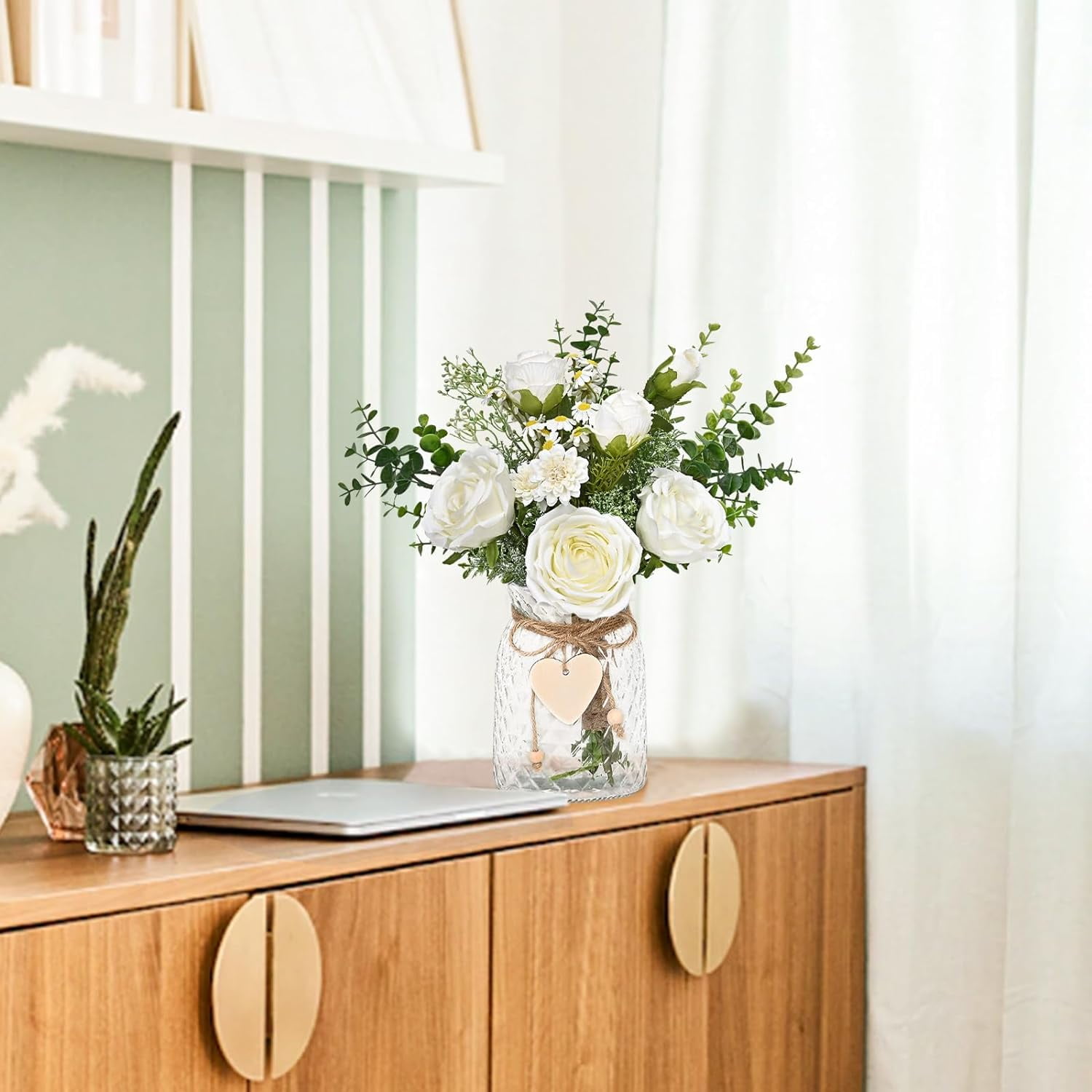 Faux Flowers in Vase, Fake Flowers with Vase, Silk Roses in Vase Faux Flower Arrangements in Vase Floral Centerpieces for Dining Room Table Living Room Office Kitchen Bathroom