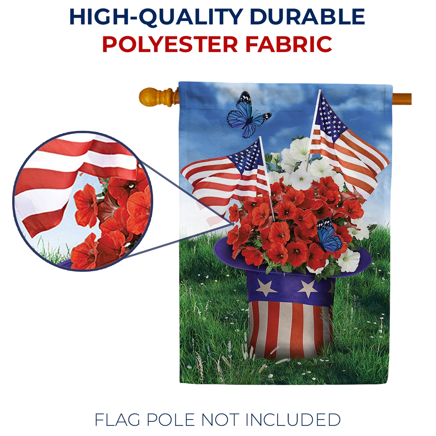 America Forever Uncle Sam's Flower Hat House Flag, 28 x 40 inch Double Sided, Patriotic Banner, Poppies Mini USA Flags Festive Outdoor Decor, 4th July Yard Flag