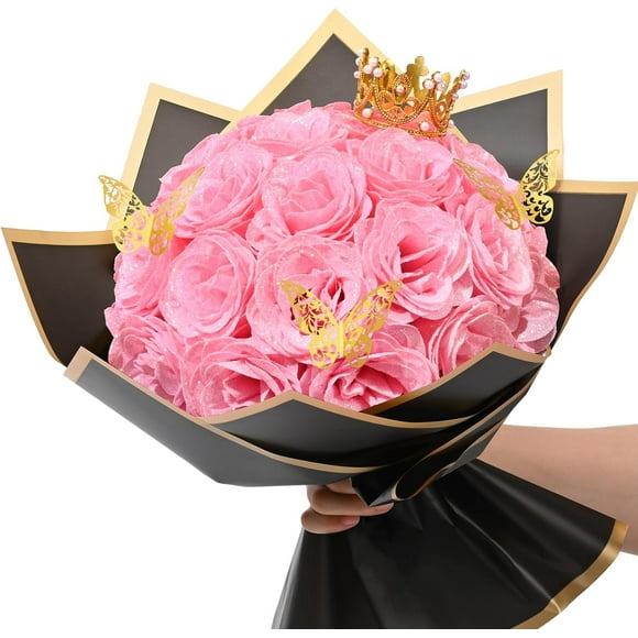 Pink Glitter Roses Bouquet, DIY Fake Flowers Bouquet, Everlasting Shiny Artificial Rose Bouquet for Valentine's Day, Anniversary, Engagement, Wedding, 24 Roses
