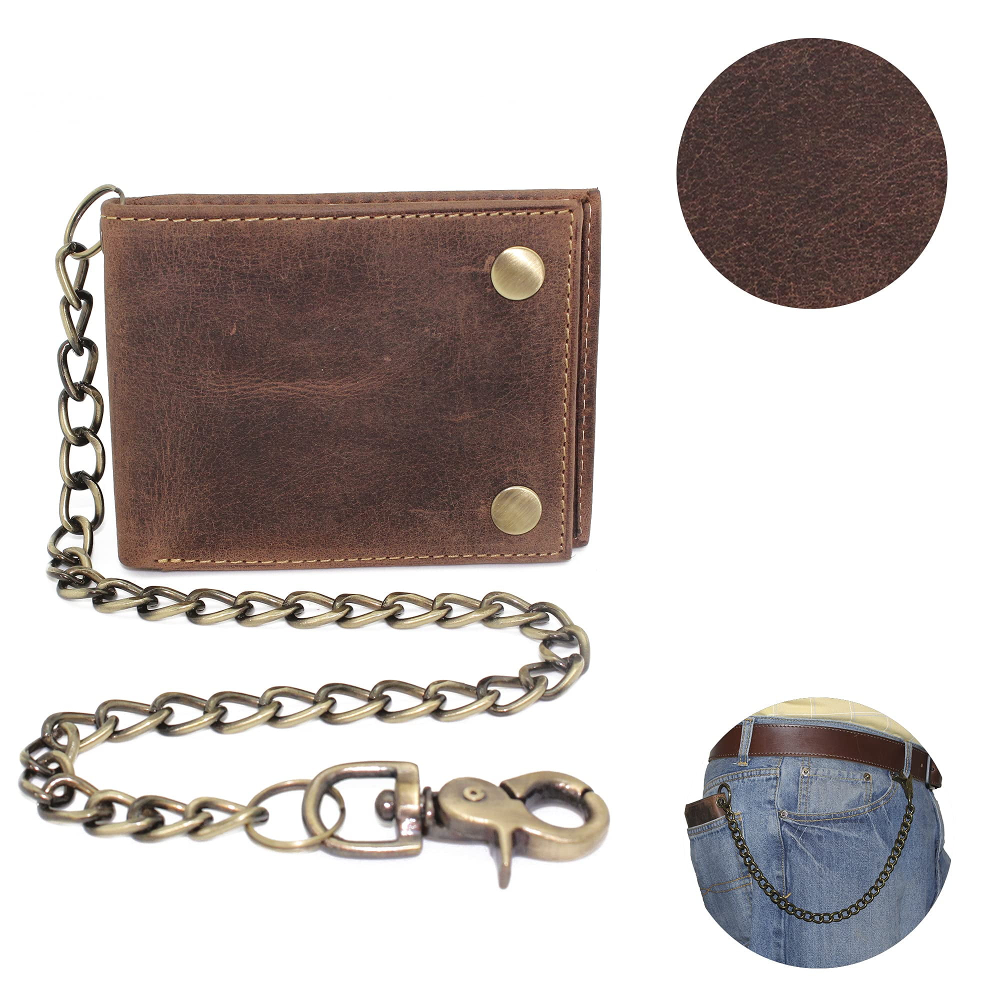 RFID safe Leather Bifold Chain Wallet for Men Snap Closed Crazy