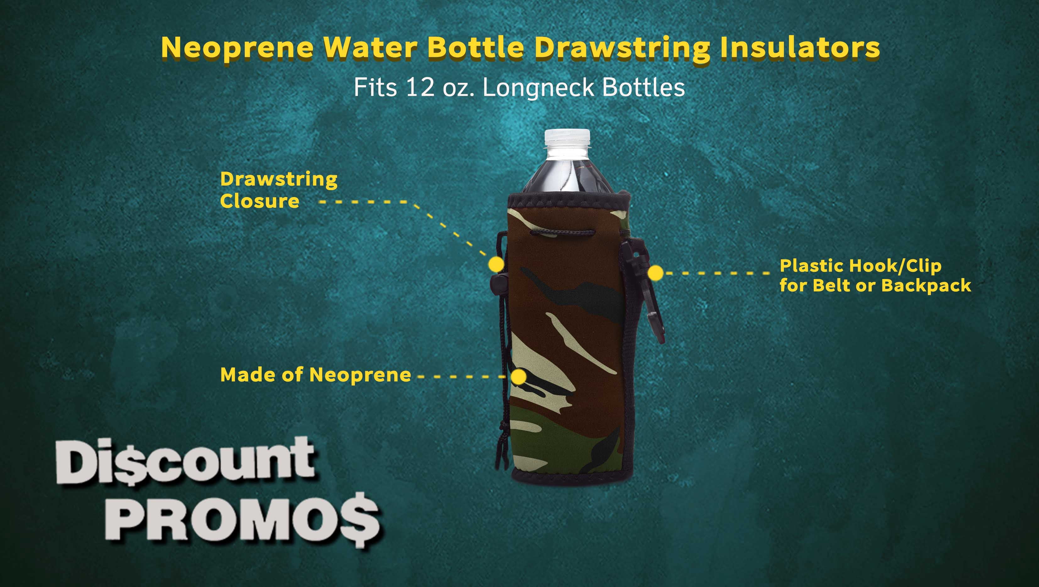 10 Neoprene Water Bottle Drawstring Insulators Pack - 12 oz. Longneck, Hook - Camo1
