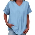 thumbnail image 2 of YMNXA Women's T Shirt Short Sleeve V Neck Solid Color Comfortable Breathable Loose Fit Tee Top For Casual Daily Wear,Light Blue,S, 2 of 5