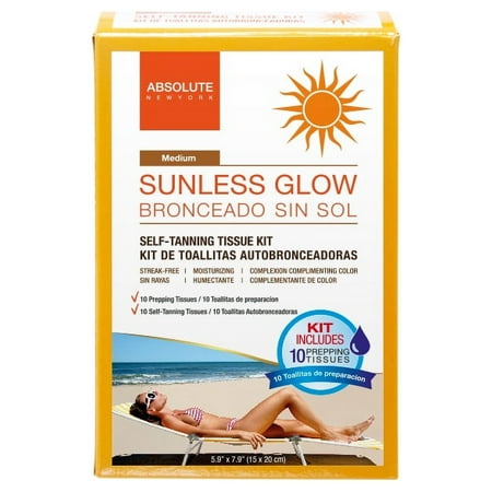 Absolute New York Sunless Glow Self-Tanning Tissue Kit with Prepping Tissues, Medium, 20 Ct
