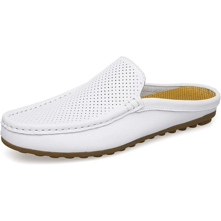 Men s Hollow Leather Slip On Mules Clog Slippers Casual Round Toe Backless Flat Loafers Dress Shoes for Walking Wedding