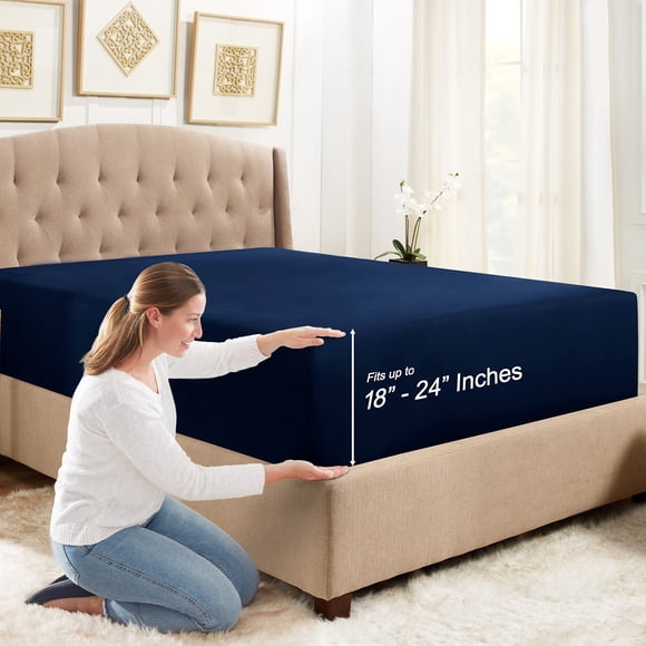 Empyrean Bedding Twin XL Deep Pocket Fitted Sheet - Premium Twin XL Sheets Deep Pockets - Moisture Wicking Deep Pocket Twin XL Fitted Sheet Fits Up to 24" Mattress - Fade Resistant - Navy Blue